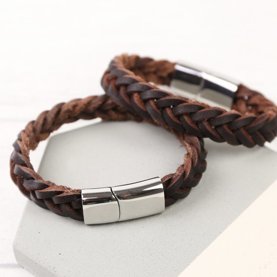 MEN'S THICK BROWN WOVEN LEATHER BRACELET - LARGE