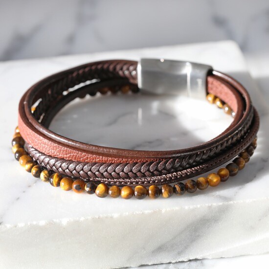 MEN'S LEATHER AND TIGER EYE BEAD BRACELET - M/L
