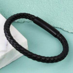 MEN'S BLACK LEATHER BRACELET WITH MATT BLACK CLASP - LARGE