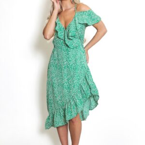 Printed Frill Wrap Midi Dress