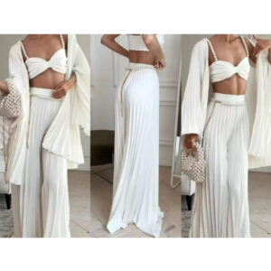 Pleated Three Pieces Set with Pearls Straps Top