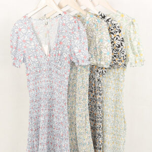 Shirred Floral Print V Neck Dress