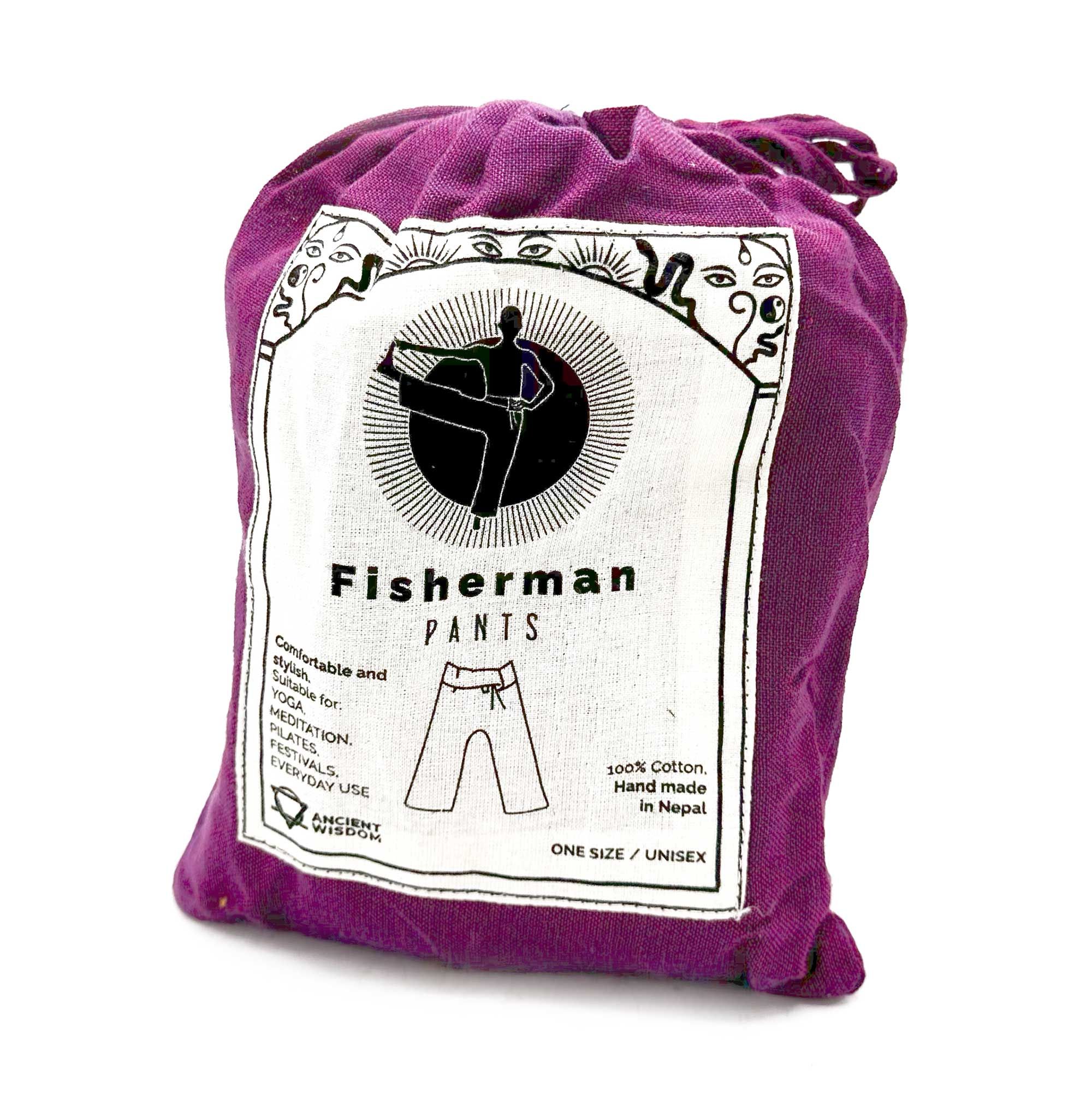 Yoga and Festival Pants - Thai Fisherman Mandala Mantra on Purple - Image 4