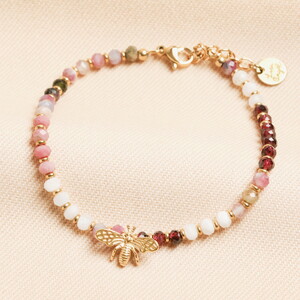 Semi-Precious Burgundy Beaded Bee Charm Bracelet in Gold